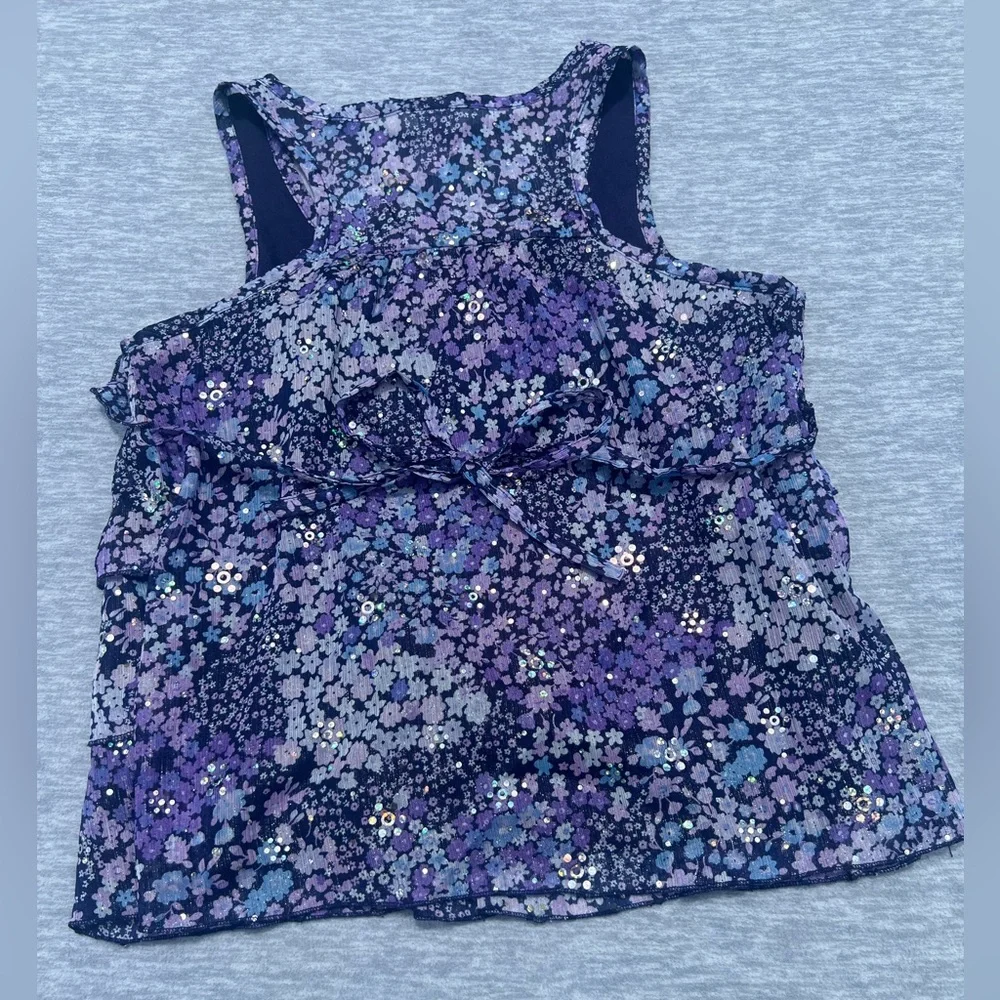 Justice girls size 16 purple floral‎ glitter tiered ruffles tie back tank top
